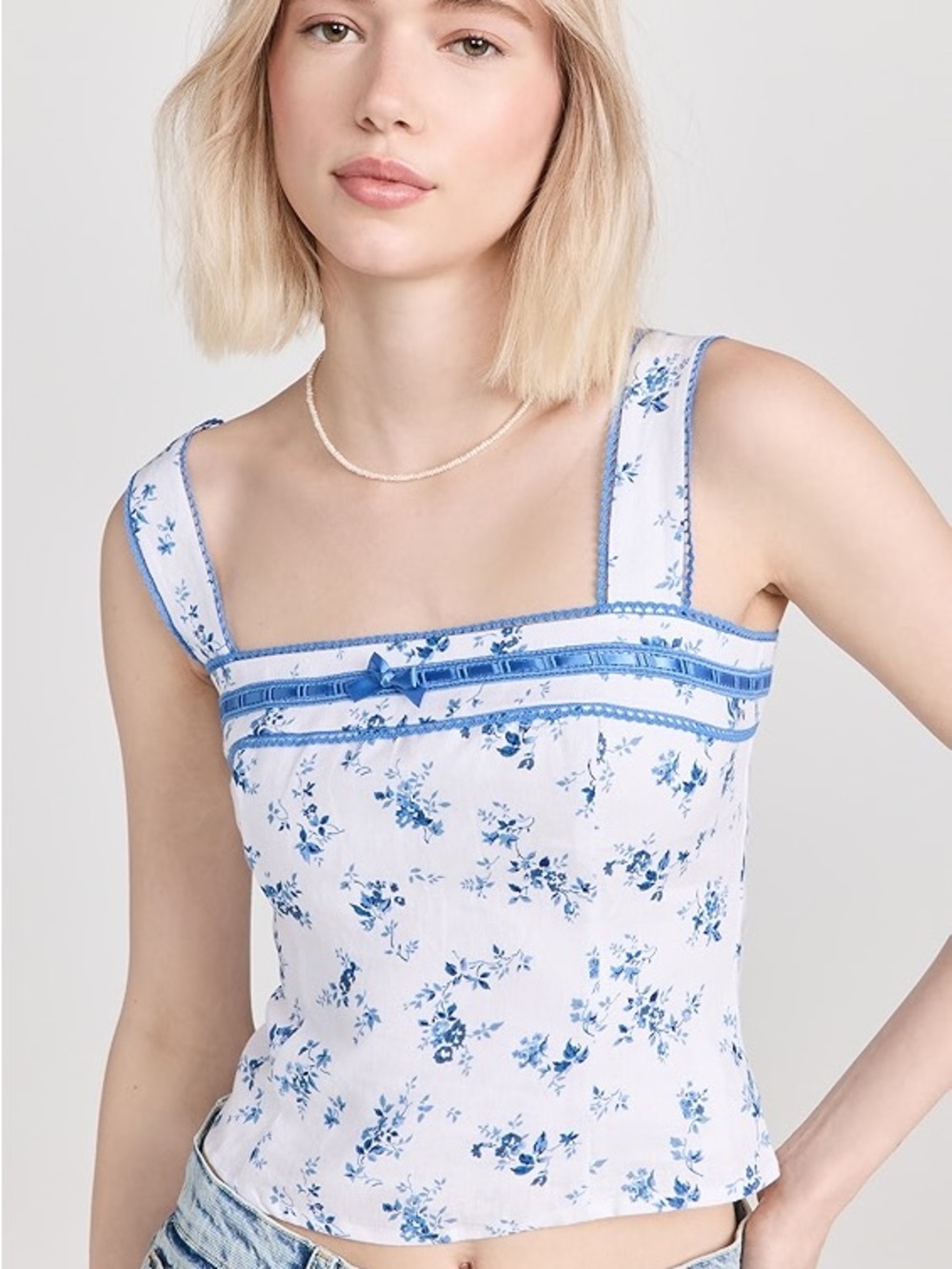 Reformation “Eloise” White & Blue Floral Square Neck Top, Sz 10